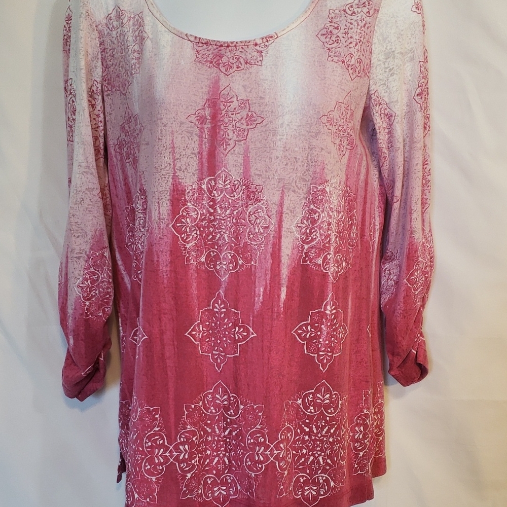 Chico's Pink and White Relaxed Tunic with Asymmetrical Style